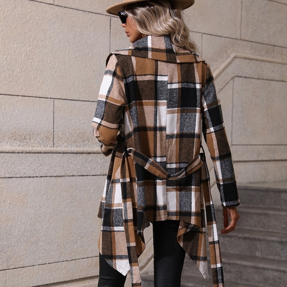 Waterfall Collar Asymmetrical Hem Belted Coat - Picture 4 of 5